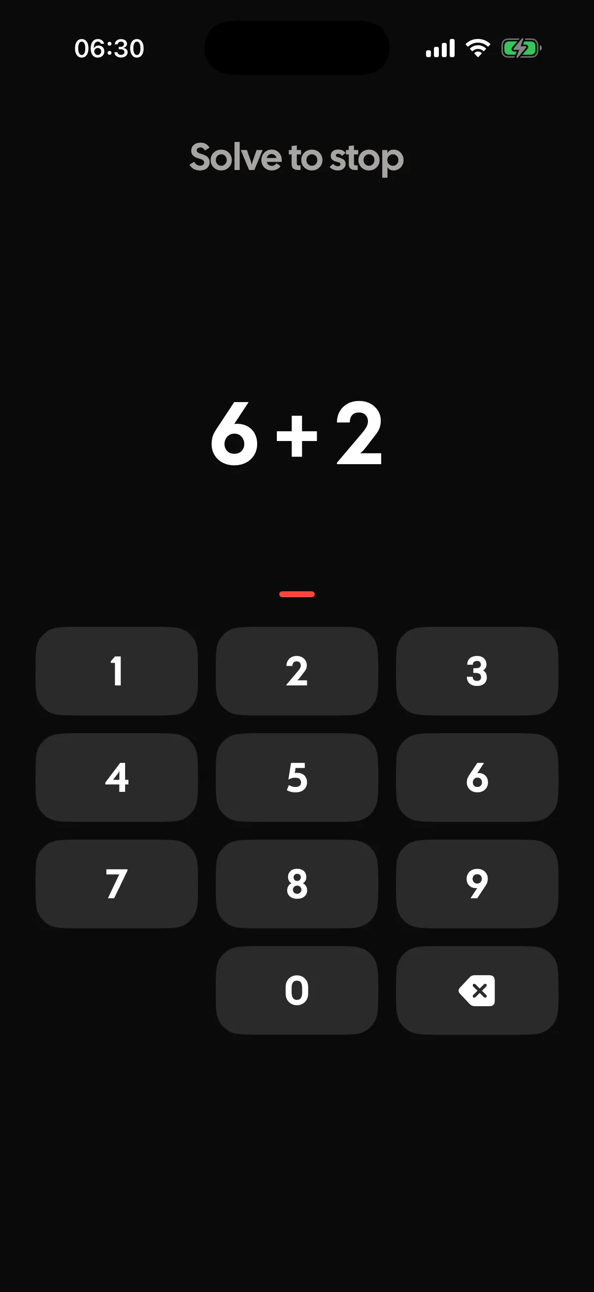 A Tock alarm at 06:30 showing Solve to stop above the sum six plus two and a number pad