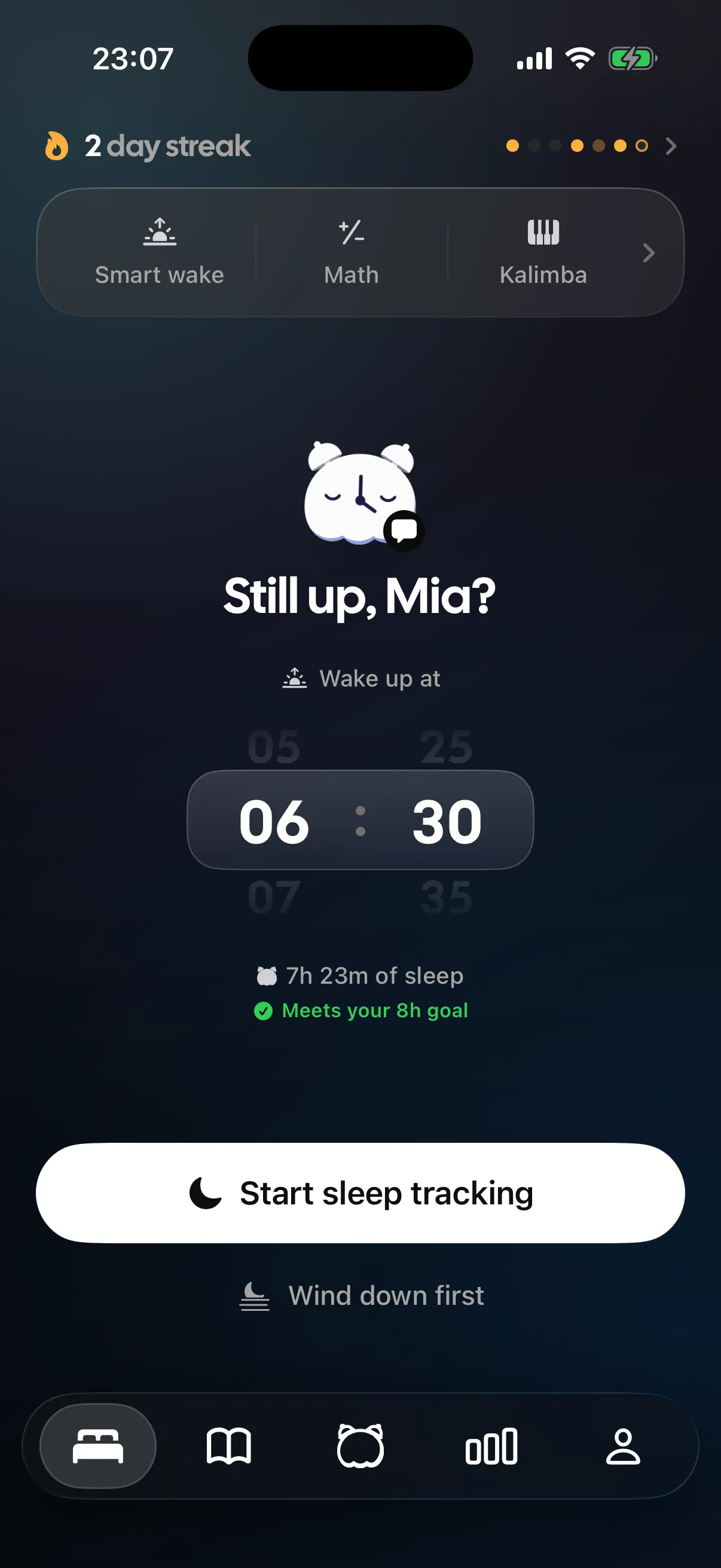 The Tonight screen, with the alarm time and the wind-down waiting to start.